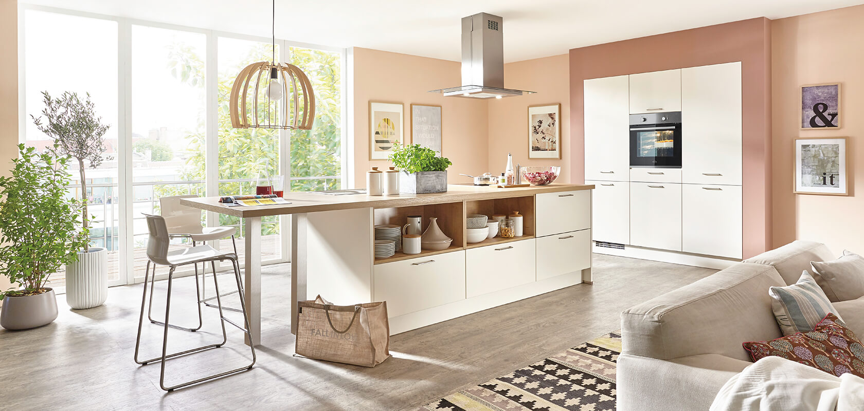Küchenformen Nobilia moderne Inselküche mit Hochschrank Magnolia