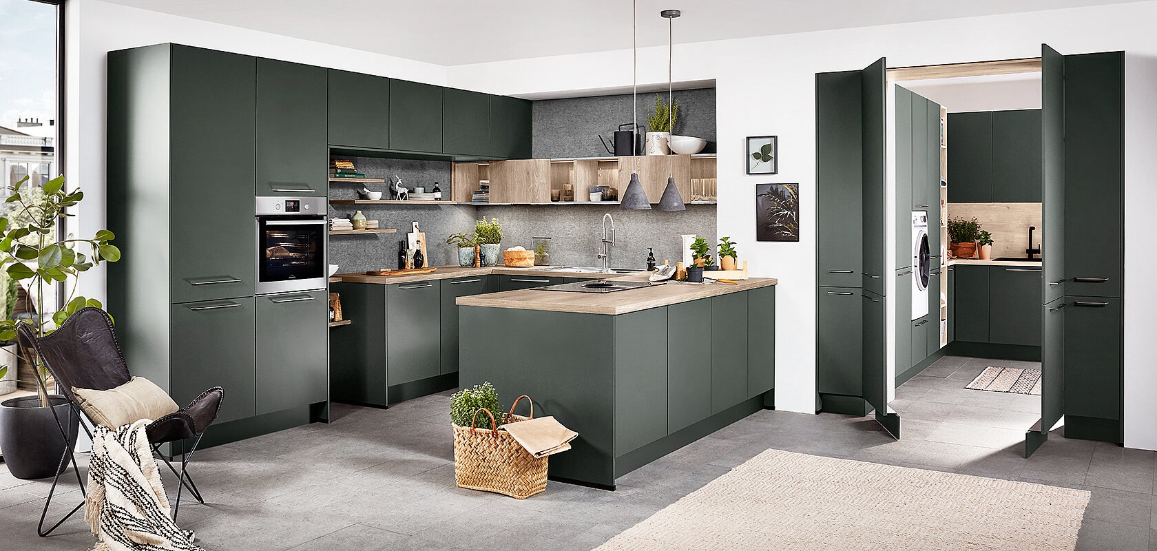 U-Kueche Nobilia moderne U-Kueche Mineralgruen matt
