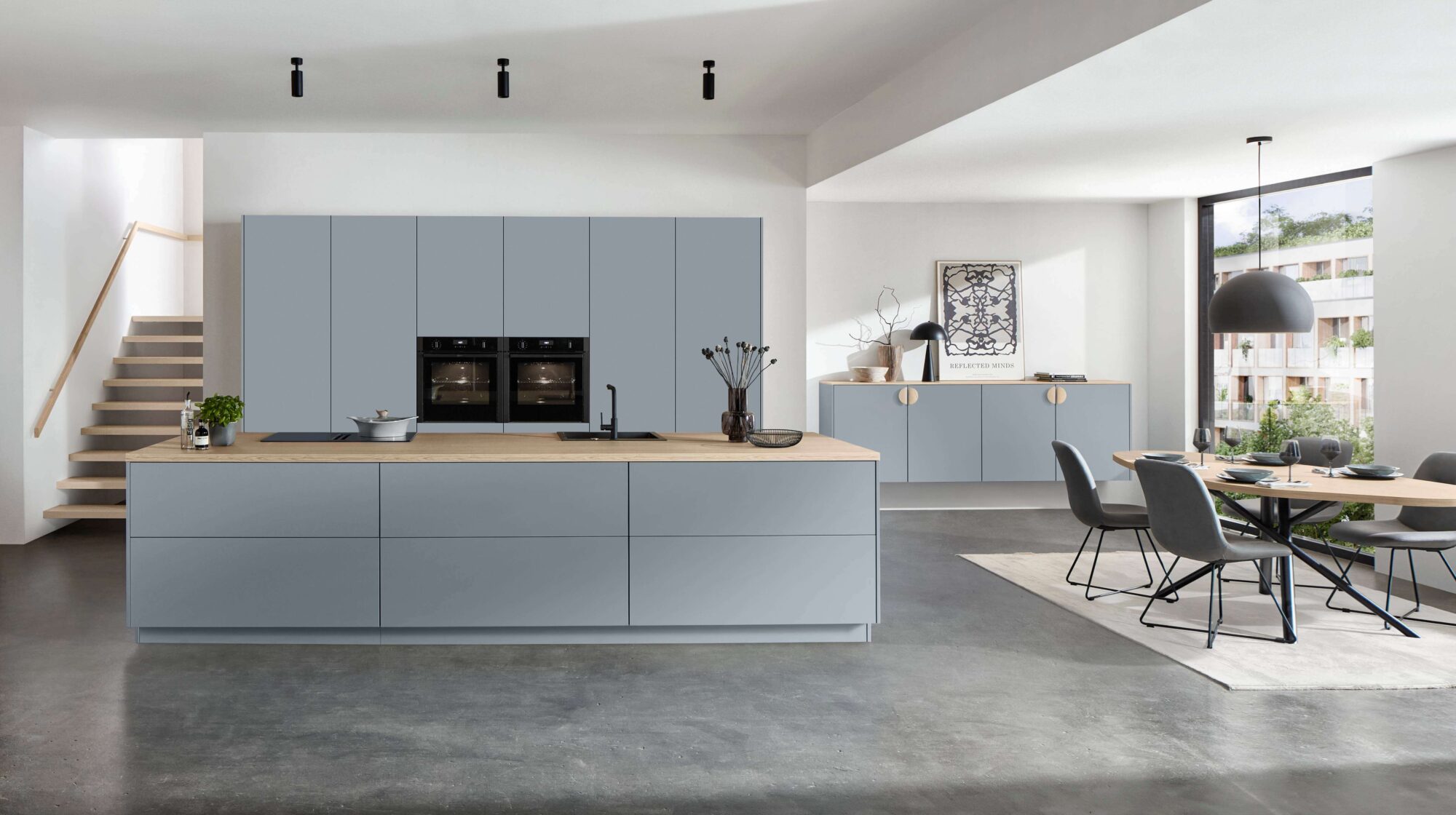 Nobilia Moderne Inselküche Hellblau mit Sideboard