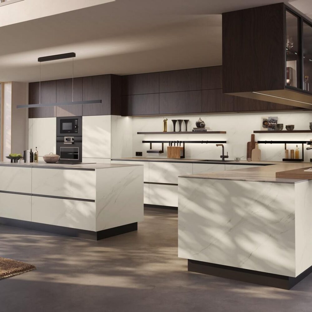 Sachsenküchen Design Inselküche Marmor Weiß